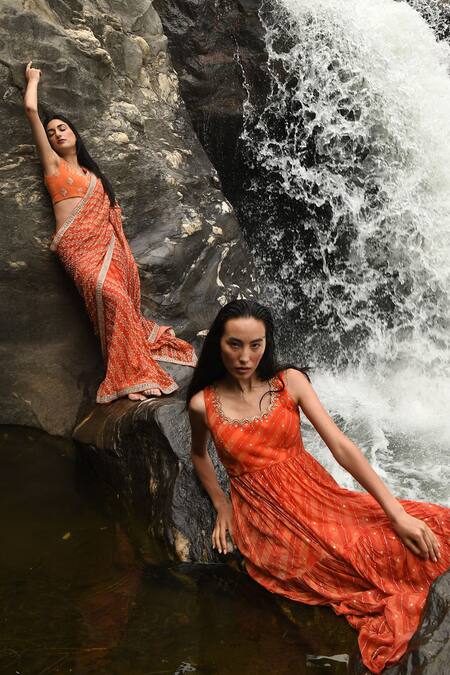 Buy_Paulmi And Harsh_Orange Organza, Petticoat Shantoon Resham Work, Print Saree With Blouse_Online_at_Aza_Fashions