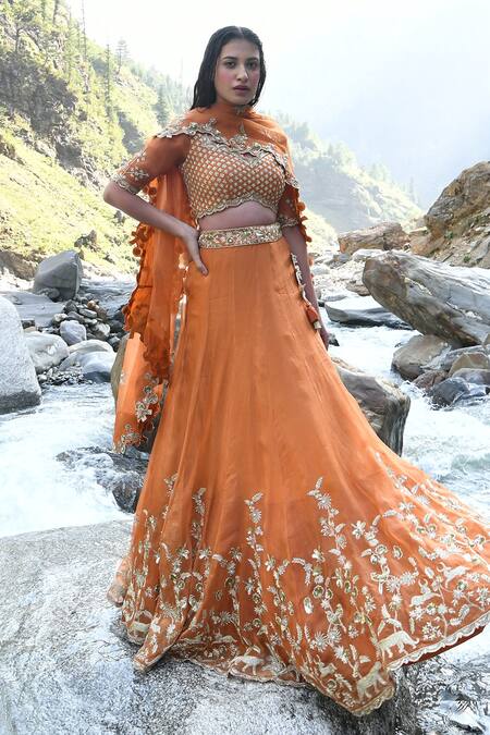 Paulmi And Harsh_Orange Tissue Sequins, Dabka, Moti, Zari V Neck Hand Embroidered Lehenga Set _Online_at_Aza_Fashions