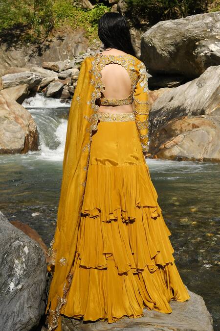 Shop_Paulmi And Harsh_Yellow Crepe, Dupatta Tissue Mirror, Sequins, Dabka, Ruffle Layered Lehenga Set _at_Aza_Fashions