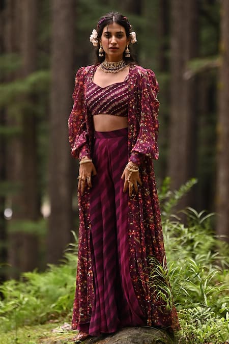 Paulmi And Harsh_Purple Georgette Floral Motifs V Neck Print Jacket And Pant Set_Online_at_Aza_Fashions