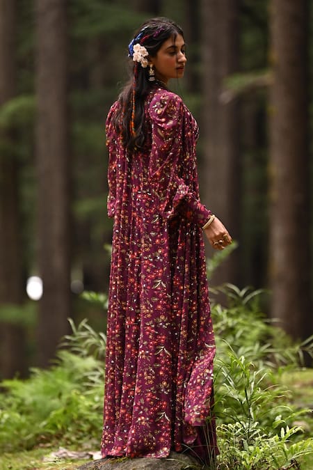 Shop_Paulmi And Harsh_Purple Georgette Floral Motifs V Neck Print Jacket And Pant Set_at_Aza_Fashions