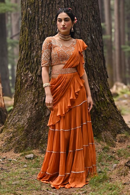 Paulmi and Harsh Orange Crepe Embroidered Gota V Pre-draped Layered Saree With Blouse 