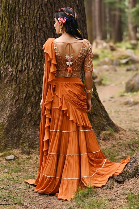 Shop_Paulmi And Harsh_Orange Crepe Gota, Mirror, Dabka, Nakshi V Pre-draped Layered Saree With Blouse _at_Aza_Fashions