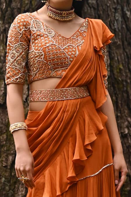 Paulmi And Harsh Orange Crepe Gota, Mirror, Dabka, Nakshi V Pre-draped Layered Saree With Blouse Online at Aza Fashions Paulmi And Harsh_Orange Crepe Gota, Mirror, Dabka, Nakshi V Pre-draped Layered Saree With Blouse _Online_at_Aza_Fashions