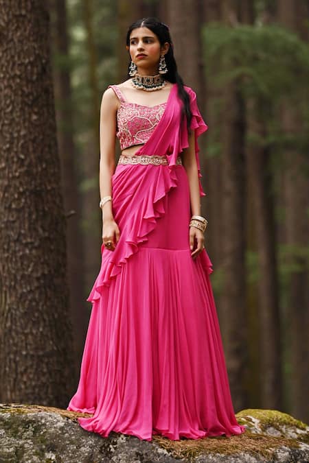 Paulmi And Harsh_Pink Blouse Crepe, Saree Georgette Floral Motifs Pre-draped Ruffle With _Online_at_Aza_Fashions