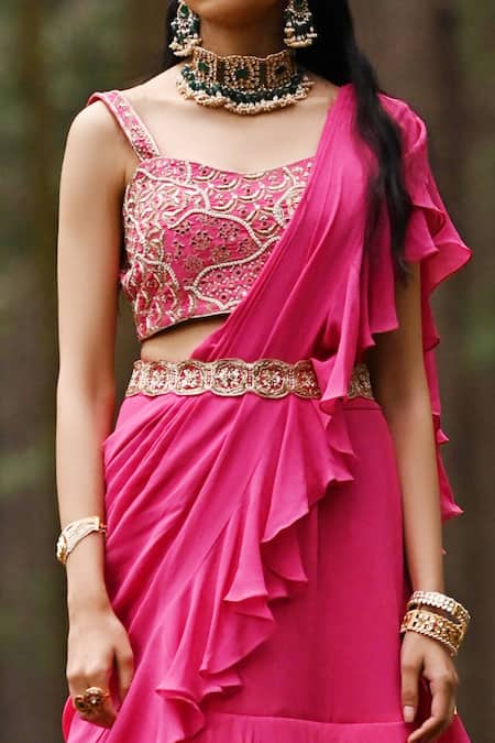 Shop_Paulmi And Harsh_Pink Blouse Crepe, Saree Georgette Floral Motifs Pre-draped Ruffle With _Online_at_Aza_Fashions