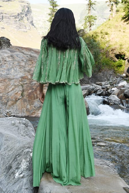 Shop Paulmi And Harsh Green Palazzo Crepe Blouse And Jacket Organza Mirror, Dabka Embroidered & Set at Aza Fashions Shop_Paulmi And Harsh_Green Palazzo Crepe Blouse And Jacket Organza Mirror, Dabka Embroidered & Set _at_Aza_Fashions