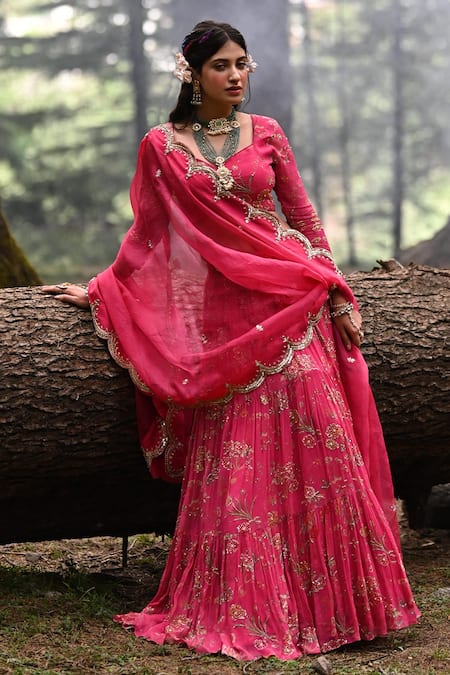 Buy_Paulmi And Harsh_Pink Lehenga And Blouse Georgette Dupatta Tissue Floral Print, Sequins, Set _Online_at_Aza_Fashions