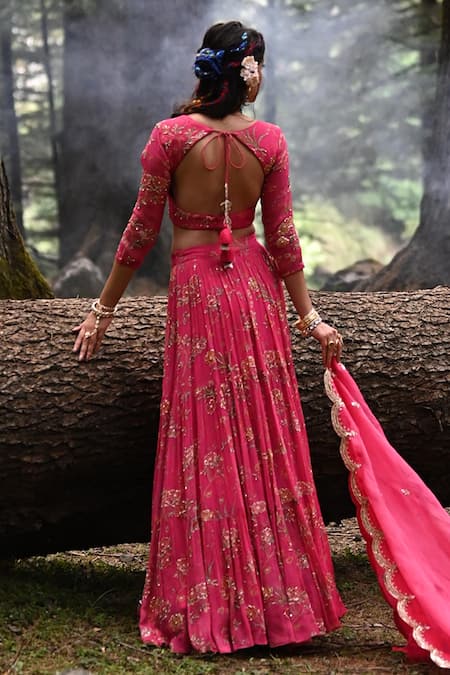 Paulmi And Harsh_Pink Lehenga And Blouse Georgette Dupatta Tissue Floral Print, Sequins, Set _Online_at_Aza_Fashions