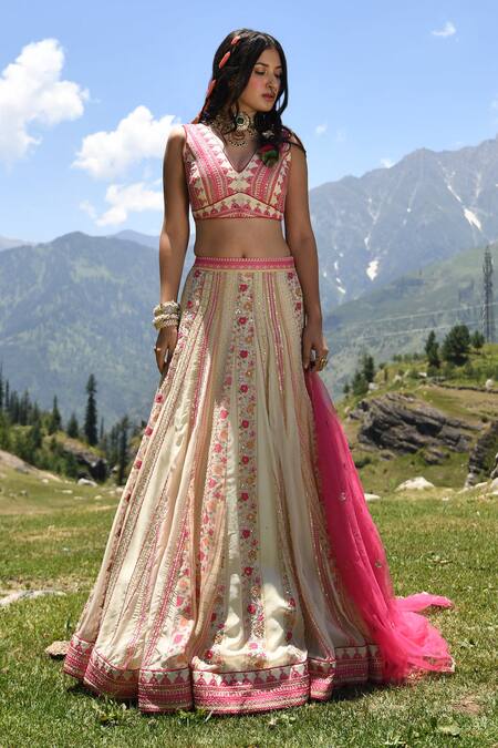Paulmi And Harsh_Pink Lehenga And Blouse Organza & Dupatta Net Floral Print, Mirrors, Set_Online_at_Aza_Fashions