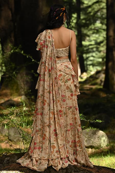 Shop_Paulmi And Harsh_Off White Georgette And Malai Chanderi Cutdana, Pre-draped Saree With Blouse_at_Aza_Fashions