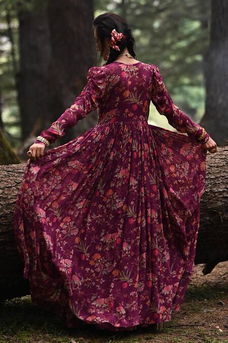 Shop_Paulmi And Harsh_Purple Georgette Floral Print Round Jacket With Tunic_at_Aza_Fashions