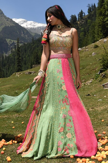 Paulmi and Harsh Multi Color Georgette And Net Print & Embroidery Floral Lehenga Set 