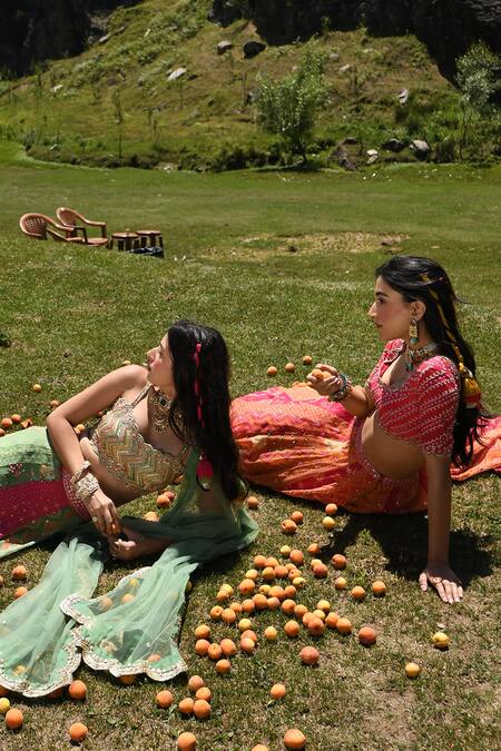 Paulmi And Harsh Multi Color Georgette And Net Floral Print, Mirror, Moti, Sequin & Lehenga Set Online at Aza Fashions Paulmi And Harsh_Multi Color Georgette And Net Floral Print, Mirror, Moti, Sequin & Lehenga Set_Online_at_Aza_Fashions