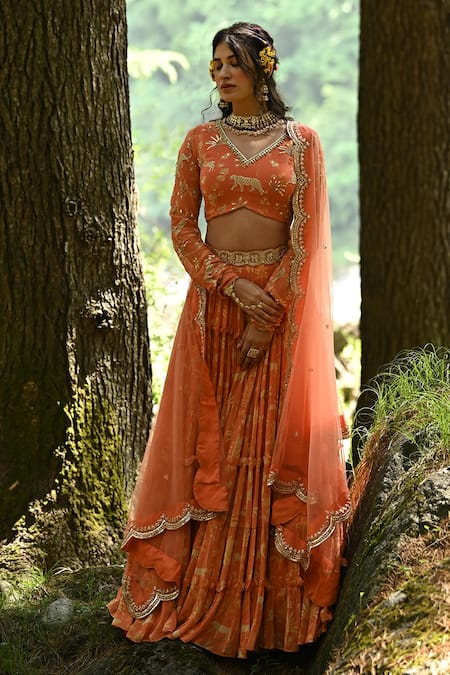 Buy_Paulmi And Harsh_Orange Georgette And Net Cutdana, Sequins, Dabka Work & Moti, Jungle Lehenga Set _Online_at_Aza_Fashions