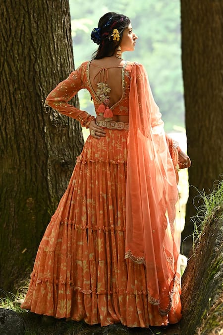 Paulmi And Harsh_Orange Georgette And Net Cutdana, Sequins, Dabka Work & Moti, Jungle Lehenga Set _Online_at_Aza_Fashions