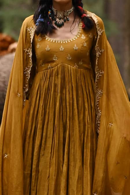 Paulmi And Harsh_Yellow Malai Chanderi Mirror And Resham Scoop Neck Yoke Embroidered Anarkali Set _Online_at_Aza_Fashions