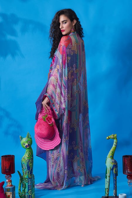 Shop Capisvirleo Purple Chiffon Floral Print, Thread And Beads Open Cover Up at Aza Fashions Shop_Capisvirleo_Purple Chiffon Floral Print, Thread And Beads Open Cover Up _at_Aza_Fashions