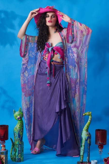 Capisvirleo Purple Chiffon Floral Print, Thread And Beads Open Cover Up Online at Aza Fashions Capisvirleo_Purple Chiffon Floral Print, Thread And Beads Open Cover Up _Online_at_Aza_Fashions