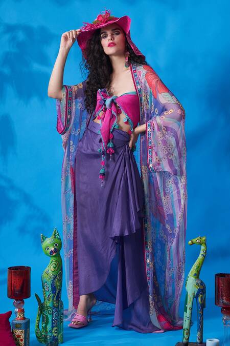 Buy Capisvirleo Purple Chiffon Floral Print, Thread And Beads Open Cover Up Online at Aza Fashions Buy_Capisvirleo_Purple Chiffon Floral Print, Thread And Beads Open Cover Up _Online_at_Aza_Fashions