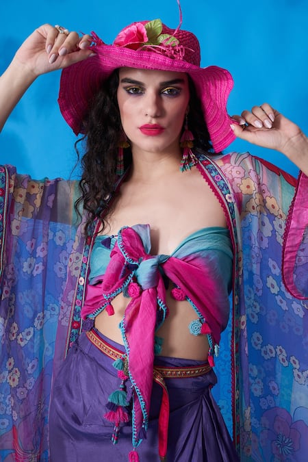 Capisvirleo Purple Chiffon Floral Print, Thread And Beads Open Cover Up at Aza Fashions Capisvirleo_Purple Chiffon Floral Print, Thread And Beads Open Cover Up _at_Aza_Fashions