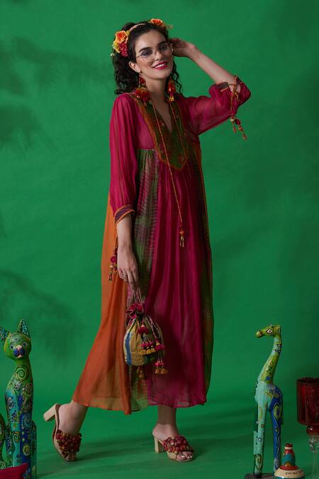 CAPISVIRLEO_Orange Habutai Silk And Jute Aari Work Band Bellini Midi Dress_Online_at_Aza_Fashions