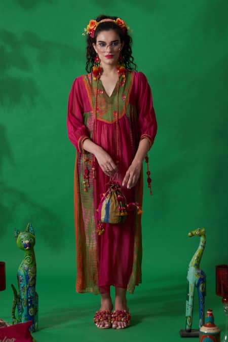 Buy_CAPISVIRLEO_Orange Habutai Silk And Jute Aari Work Band Bellini Midi Dress_Online_at_Aza_Fashions