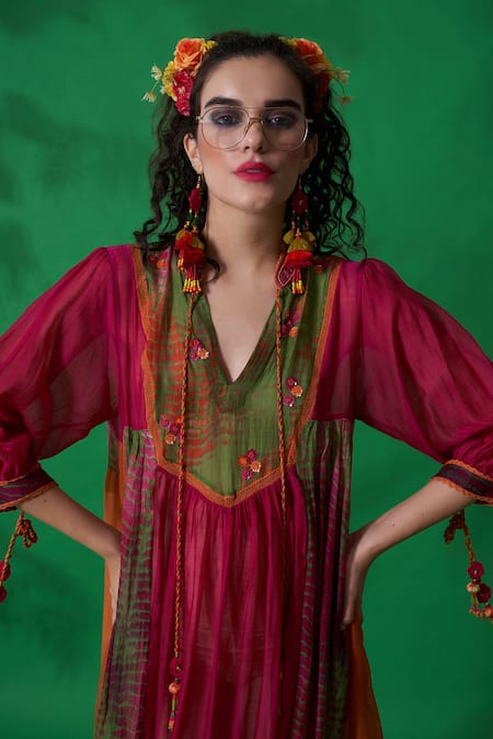 CAPISVIRLEO_Orange Habutai Silk And Jute Aari Work Band Bellini Midi Dress_at_Aza_Fashions