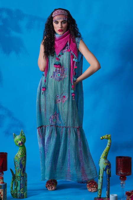 Capisvirleo Green Chanderi Silk Tie Dye And Embroidery Thread & Lemonade Dress  