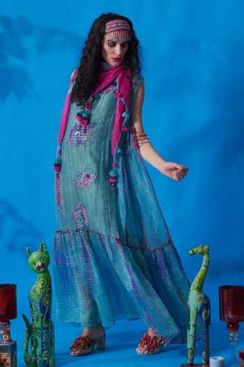 CAPISVIRLEO_Green Chanderi Silk Thread And Beads Round Lemonade Dress_Online_at_Aza_Fashions