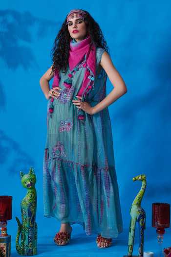 Buy_CAPISVIRLEO_Green Chanderi Silk Thread And Beads Round Lemonade Dress_Online_at_Aza_Fashions