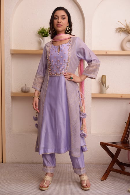 Buy_Surabhi Arya_Purple Tissue, Chanderi, Tabby Silk Floral, Gota Keyhole Embroidered Kurta Set_Online_at_Aza_Fashions