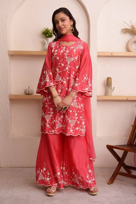 Buy_Surabhi Arya_Red Chanderi, Chiffon Dori, Floral Keyhole Kurta Sharara Set_Online_at_Aza_Fashions