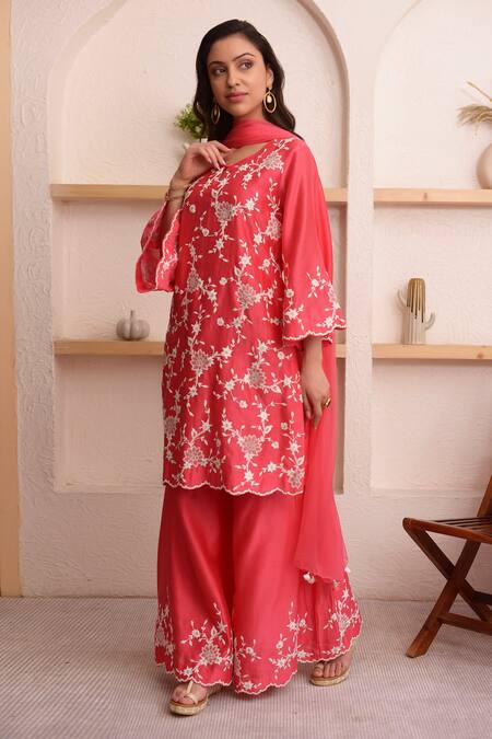 Shop_Surabhi Arya_Red Chanderi, Chiffon Dori, Floral Keyhole Kurta Sharara Set_Online_at_Aza_Fashions