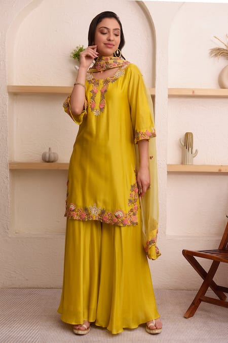 Buy_Surabhi Arya_Yellow Organza, Chanderi Floral, Thread Round Kurta Sharara Set_Online_at_Aza_Fashions