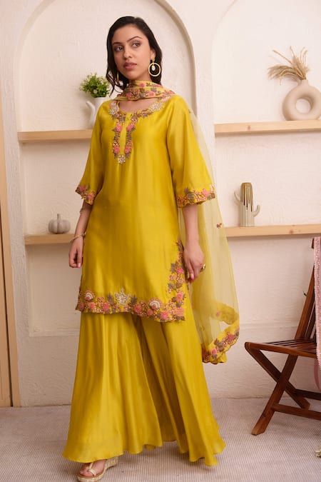 Shop_Surabhi Arya_Yellow Organza, Chanderi Floral, Thread Round Kurta Sharara Set_Online_at_Aza_Fashions