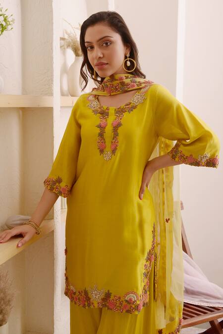 Surabhi Arya_Yellow Organza, Chanderi Floral, Thread Round Kurta Sharara Set_at_Aza_Fashions