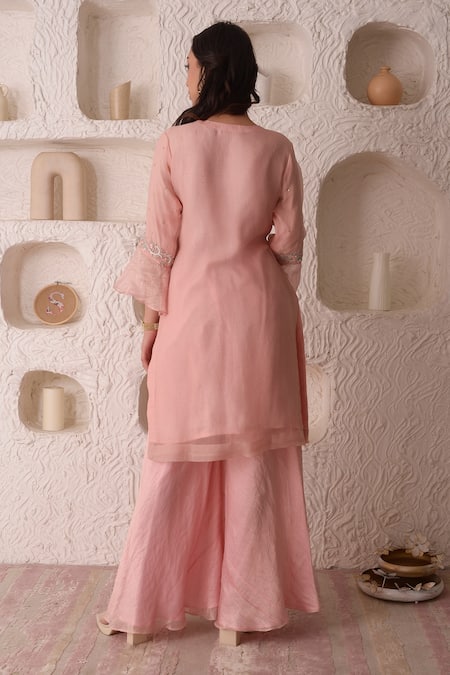 Shop_Surabhi Arya_Pink Organza, Tissue Floral Notched Embroidered Kurta Sharara Set _at_Aza_Fashions
