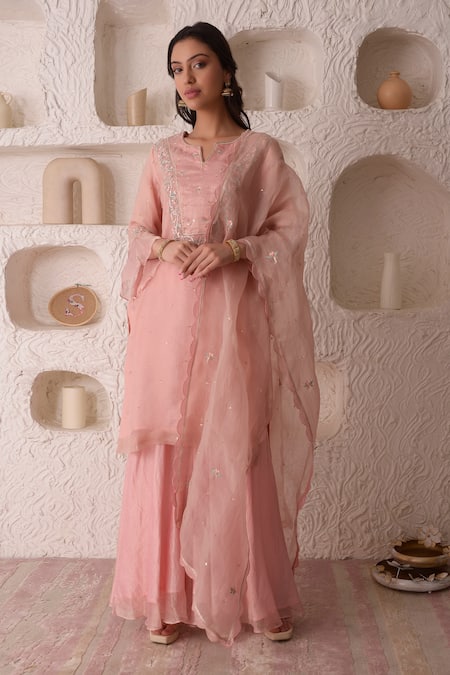 Buy_Surabhi Arya_Pink Organza, Tissue Floral Notched Embroidered Kurta Sharara Set _Online_at_Aza_Fashions