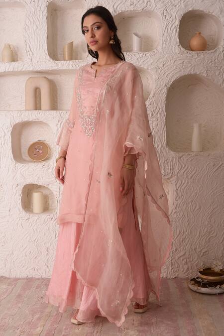 Shop_Surabhi Arya_Pink Organza, Tissue Floral Notched Embroidered Kurta Sharara Set _Online_at_Aza_Fashions