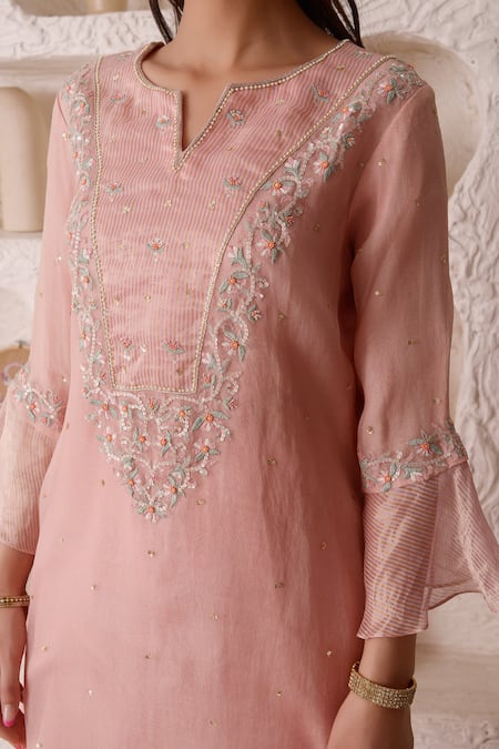 Surabhi Arya_Pink Organza, Tissue Floral Notched Embroidered Kurta Sharara Set _at_Aza_Fashions