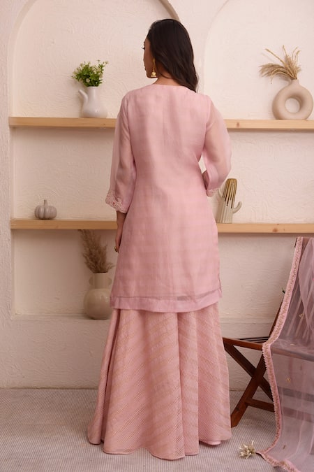 Shop_Surabhi Arya_Pink Organza, Tissue Floral, Bead Round Embroidered Kurta Sharara Set _at_Aza_Fashions