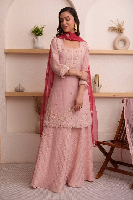 Buy_Surabhi Arya_Pink Organza, Tissue Floral, Bead Round Embroidered Kurta Sharara Set _Online_at_Aza_Fashions