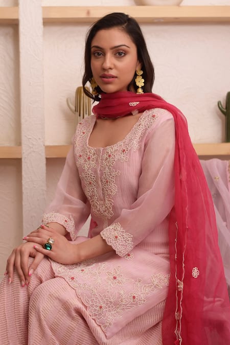 Shop_Surabhi Arya_Pink Organza, Tissue Floral, Bead Round Embroidered Kurta Sharara Set _Online_at_Aza_Fashions
