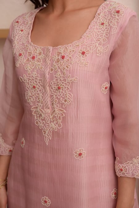 Surabhi Arya_Pink Organza, Tissue Floral, Bead Round Embroidered Kurta Sharara Set _at_Aza_Fashions