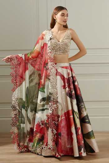 RANNA GILL_Multi Color Brocade Lily Pattern Lehenga Set_Online_at_Aza_Fashions