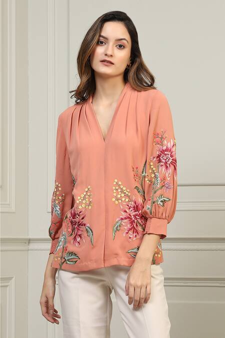 Shop_RANNA GILL_Peach Georgette Floral Embroidered Top_Online_at_Aza_Fashions