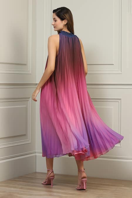 Shop_RANNA GILL_Pink Chiffon Pleated Ombre Dress_at_Aza_Fashions