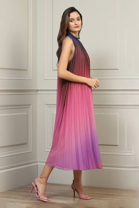 RANNA GILL_Pink Chiffon Pleated Ombre Dress_Online_at_Aza_Fashions