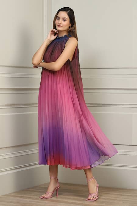 Buy_RANNA GILL_Pink Chiffon Pleated Ombre Dress_Online_at_Aza_Fashions